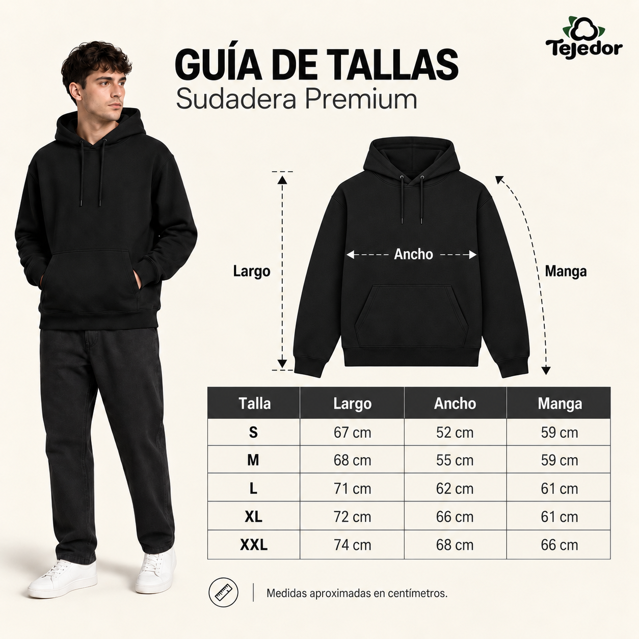 Guía visual de tallas de la Sudadera Premium